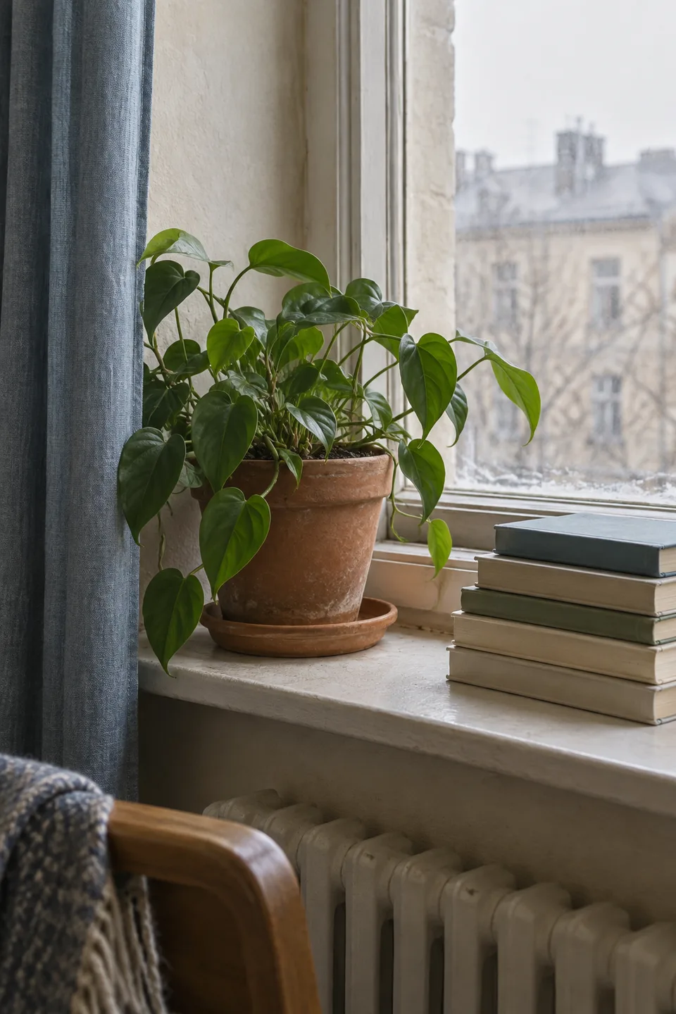 Растение в теракотена саксия с празна чинийка и книги до прозореца.