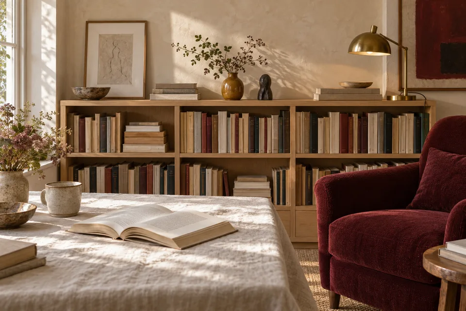 Отворена книга, ниска библиотека и стол за четене в светла стая.